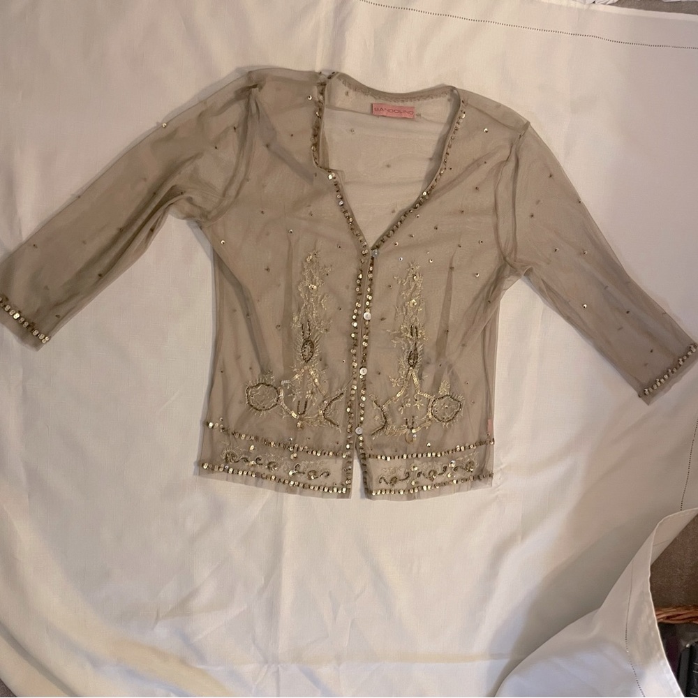 Bandolino gold beaded and sequined sheer coverup! Sparkling and elegant. Size L.